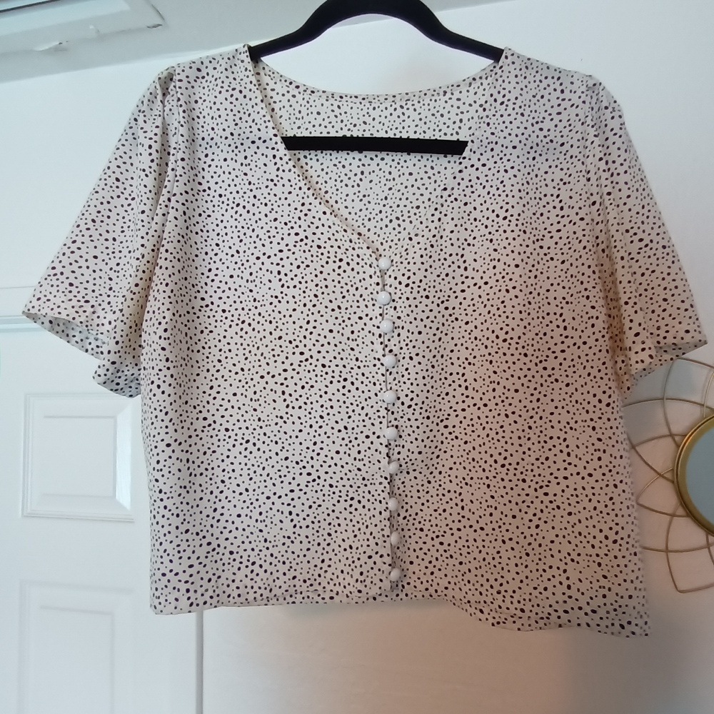 Cream Black Dalmatian Spot Print Button Front Crop Top Short Sleeve